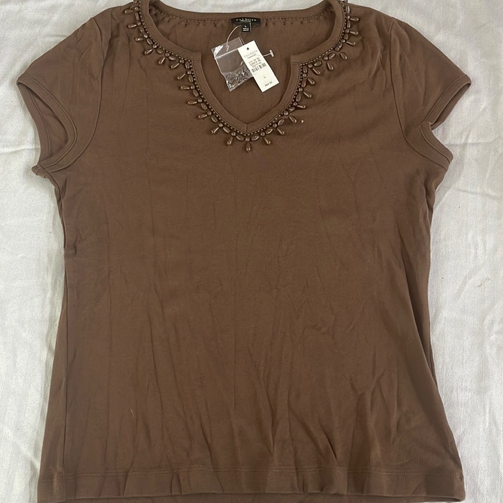 Talbots brown beaded short sleeve top NWT